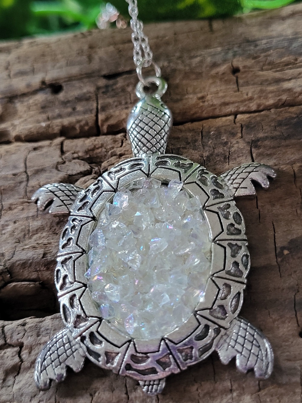 Turtle Pendant Necklace with Iridescent Druzy